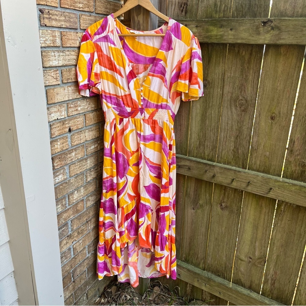 Abel the Label Anthropologie Colorful Abstract High Low Midi Dress